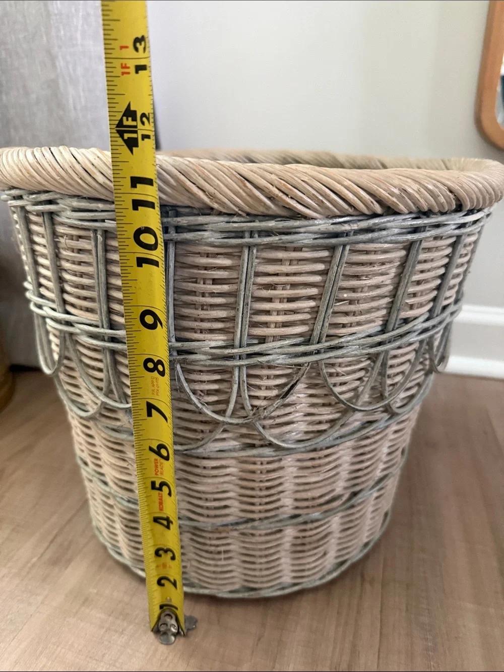 Vintage Woven Decorative Basket - Natural Light Gray Blue Planter Wastebasket
